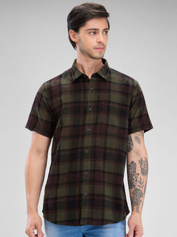 Spykar - Mens Half Sleeve Slim Fit Checkered Green Shirt