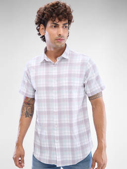 Spykar - Mens Half Sleeve Slim Fit Checkered Off White Shirt