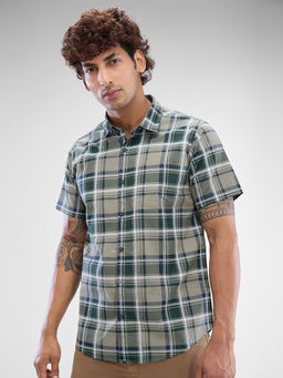 Spykar - Mens Half Sleeve Slim Fit Checkered Green Shirt