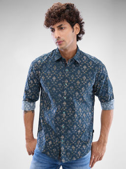 Spykar - Mens Full Sleeve Slim Fit Printed Teal Shirt