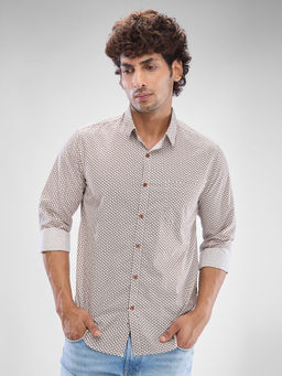 Spykar - Mens Full Sleeve Slim Fit Printed Off White Shirt