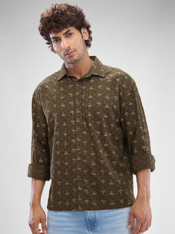 Spykar - Mens Full Sleeve Slim Fit Printed Olive Shirt