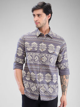 Spykar - Mens Full Sleeve Slim Fit Printed Grey Shirt