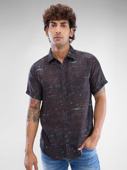 Spykar - Mens Half Sleeve Slim Fit Printed Black Shirt