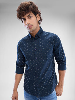 Spykar - Mens Full Sleeve Slim Fit Printed Navy Blue Shirt
