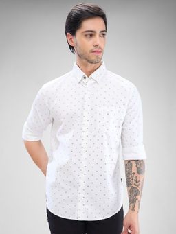 Spykar - Mens Full Sleeve Slim Fit Printed White Shirt