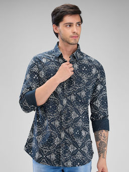 Spykar - Mens Full Sleeve Slim Fit Printed Black Shirt
