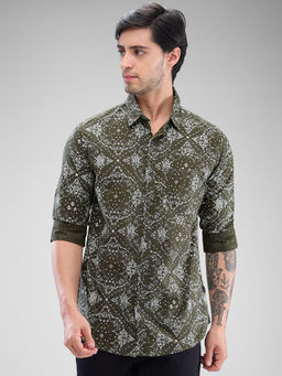 Spykar - Mens Full Sleeve Slim Fit Printed Green Shirt