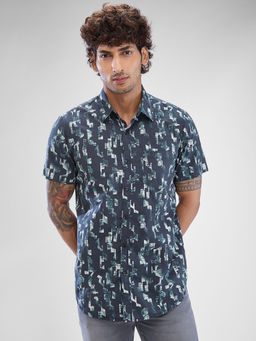 Spykar - Mens Half Sleeve Slim Fit Printed Navy Blue Shirt