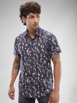 Spykar - Mens Half Sleeve Slim Fit Printed Purple Shirt