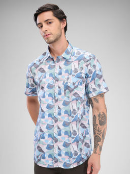 Spykar - Mens Half Sleeve Slim Fit Printed Blue Shirt