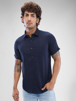 Spykar - Mens Half Sleeve Slim Fit Solid Navy Blue Shirt