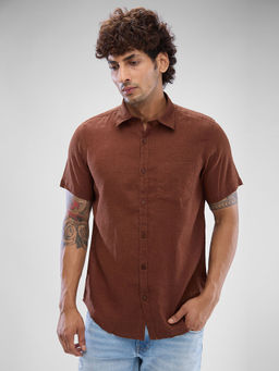 Spykar - Mens Half Sleeve Slim Fit Solid Brown Shirt