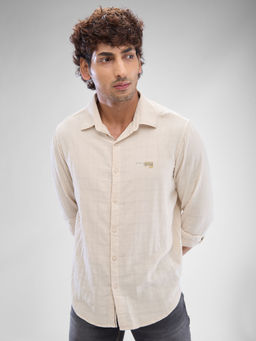 Spykar - Mens Full Sleeve Slim Fit Checks Beige Shirt
