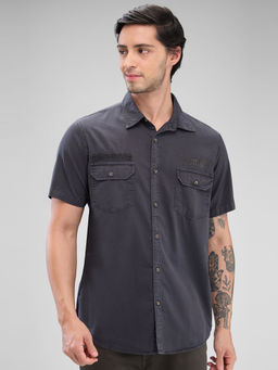 Spykar - Mens Half Sleeve Slim Fit Solid Grey Shirt