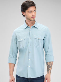 Spykar - Mens Full Sleeve Slim Fit Solid Blue Shirt
