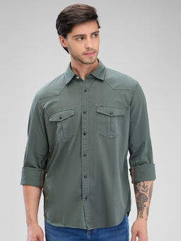 Spykar - Mens Full Sleeve Slim Fit Solid Green Shirt
