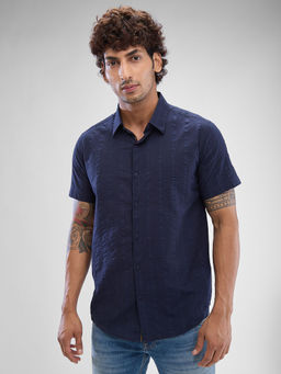 Spykar - Mens Half Sleeve Slim Fit Solid Blue Shirt