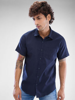 Spykar - Mens Half Sleeve Slim Fit Solid Navy Blue Shirt
