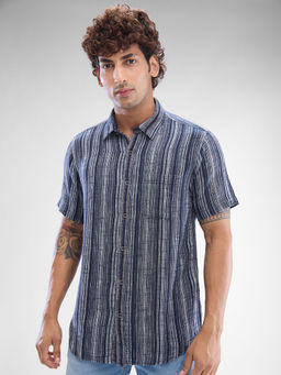 Spykar - Mens Half Sleeve Slim Fit Striped Blue Shirt