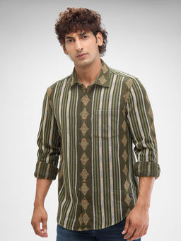 Spykar - Mens Full Sleeve Slim Fit Striped Green Shirt