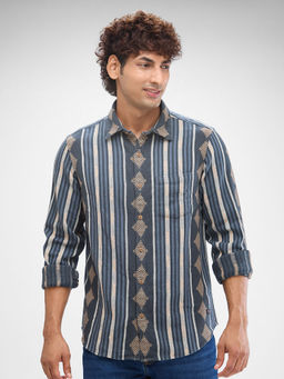 Spykar - Mens Full Sleeve Slim Fit Striped Grey Shirt