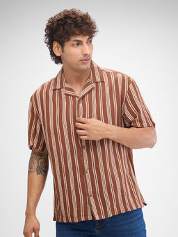 Spykar - Mens Half Sleeve Slim Fit Striped Brown Shirt