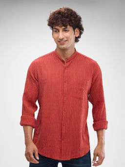 Spykar - Mens Full Sleeve Slim Fit Striped Red Shirt