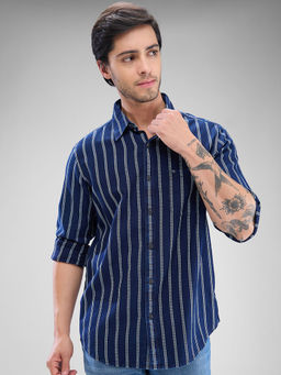 Spykar - Mens Full Sleeve Slim Fit Striped Navy Blue Shirt