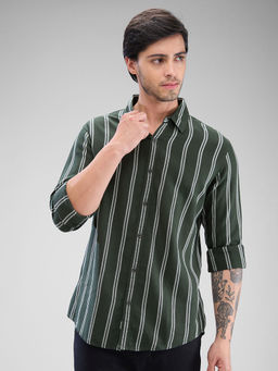 Spykar - Mens Full Sleeve Slim Fit Striped Green Shirt
