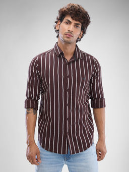 Spykar - Mens Full Sleeve Slim Fit Striped Brown Shirt