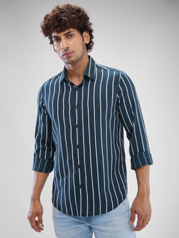 Spykar - Mens Full Sleeve Slim Fit Striped Blue Shirt