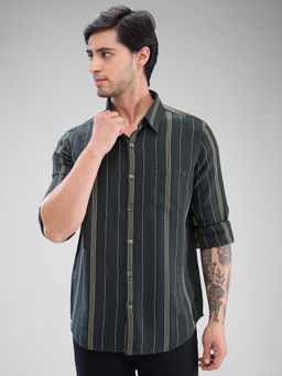 Spykar - Mens Full Sleeve Slim Fit Striped Green Shirt