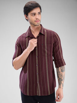 Spykar - Mens Full Sleeve Slim Fit Striped Red Shirt