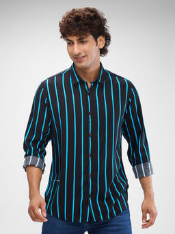 Spykar - Mens Full Sleeve Slim Fit Striped Black Shirt