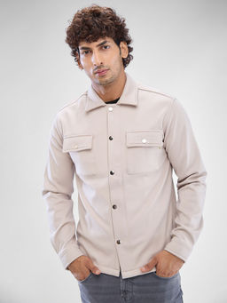 Spykar - Mens Full Sleeve Regular Fit Solid Beige Shirt