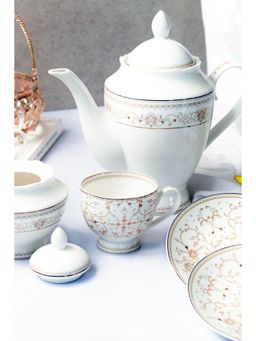Vigneto - White Pattern Tea Set (6 Cups & 6 Saucers Milk Pot Sugar Pot Kettle)
