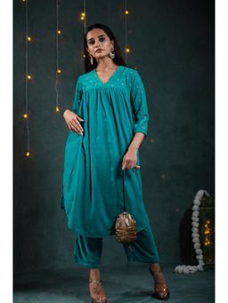 Swtantra - Sky Blue Velvet with Sequined Sleeves and Yoke (Set of 2)