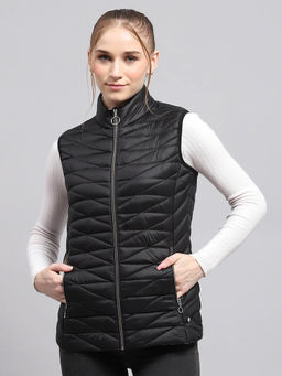 Monte Carlo - Women Solid Black Mock Neck Sleeveless Jacket