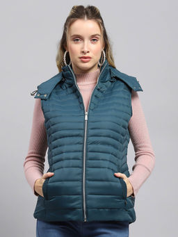 Monte Carlo - Women Solid Teal Detachable Hood Sleeveless Jacket