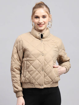 Monte Carlo - Women Solid Beige Mock Neck Full Sleeve Jacket