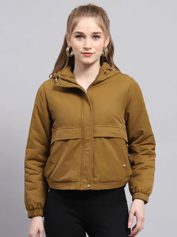 Monte Carlo - Women Solid Khaki Hooded Neck Full Sleeve Jacket