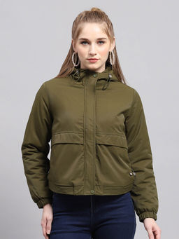 Monte Carlo - Women Solid Green Hooded Neck Full Sleeve Jacket