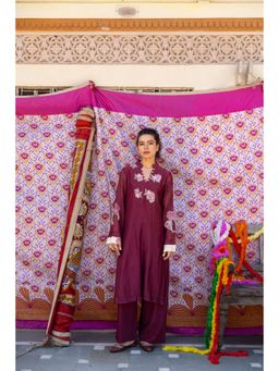 Anuvas - Wine Floral Full Sleeves Kurta with Palazzo