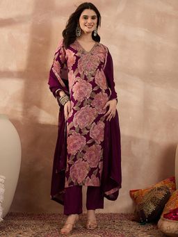 Vaamsi - Purple Embroidered Three Fourth Sleeves Kurta Pant with Dupatta