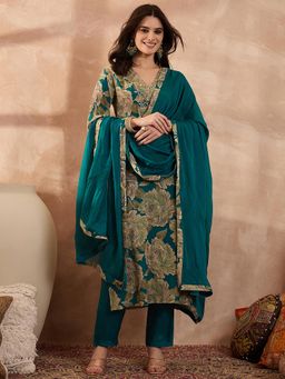 Vaamsi - Blue Embroidered Three Fourth Sleeves Kurta Pant with Dupatta