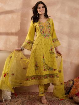 Vaamsi - Yellow Embroidered Full Sleeves Kurta Pant with Dupatta