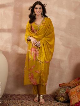 Vaamsi - Yellow Embroidered Three Fourth Sleeves Kurta Pant with Dupatta