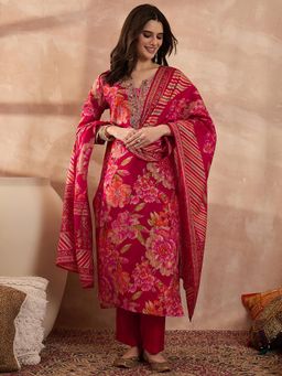Vaamsi - Pink Embroidered Three Fourth Sleeves Kurta Pant with Dupatta