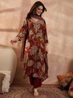 Vaamsi - Brown Embroidered Three Fourth Sleeves Kurta Pant with Dupatta